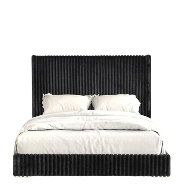 Wolo Twin Bed, Black Fur Chenille Ribbed Upholstery, Wing Headboard, Twin, Black