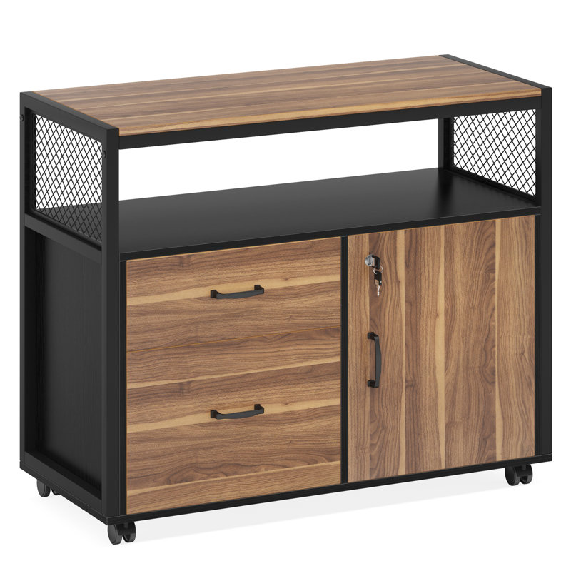 Walnut and Black Lockable File Cabinet with Drawers and Casters