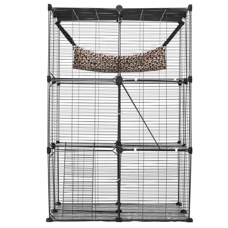 Grande cage à chat à 3 niveaux, 28 po x 28 po x 41 po, clôture pour chat durable en fil métallique détachable, avec grand hamac 2 échelles à rampe, convient pour les chats à l'intérieur et à l'extérieur, facile à assembler, noir
