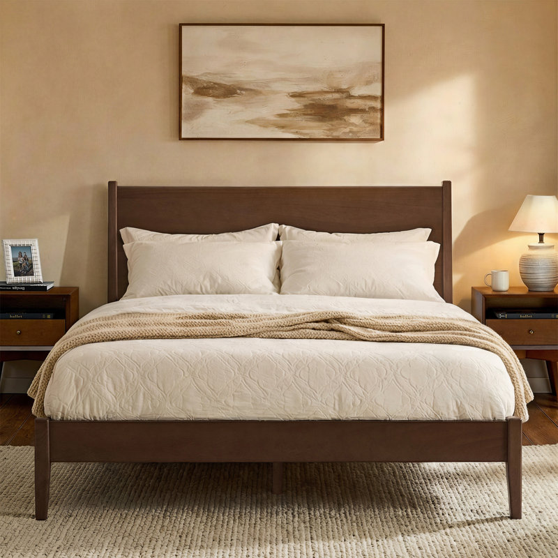 Lit en bois massif de style Mid-Century avec tête de lit moelleuse Boneva, Noyer, Grand lit