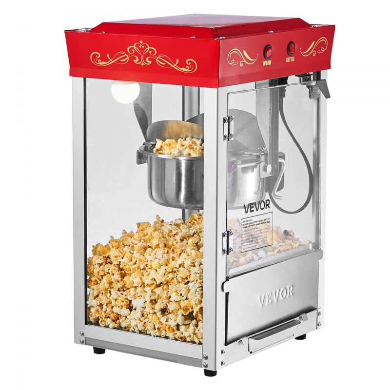 Machine à maïs soufflé, bouilloire en acier inoxydable de 8 oz, machine à maïs soufflé commerciale de comptoir de 800 W, 48 tasses par lot de style salle de bain, avec porte murale en verre à 2 boutons de contrôle, 1 cuillère et 3 cuillères, rouge