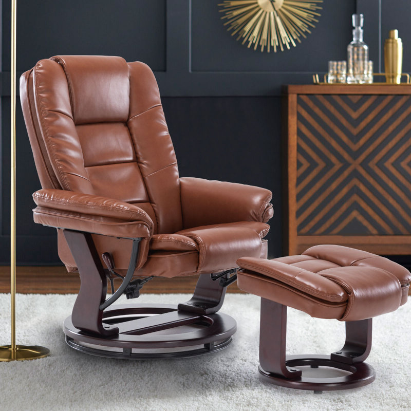 32" Contemporary Leather Recliner and Ottoman with Swiveling Mahogany Wood Base, Brown