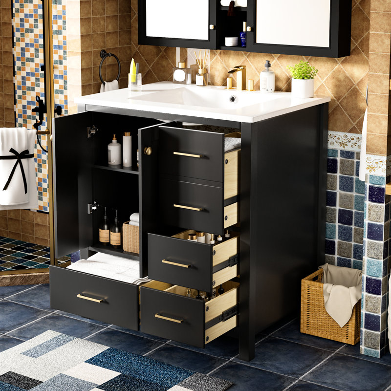 Meuble-lavabo de 30 po avec lavabo en céramique et 4 charnières à 4 tiroirs. Rangement spacieux. Design moderne. Lavabo facile à assembler. Fabrication. Portes à fermeture en douceur. Motif de rainure généreux.