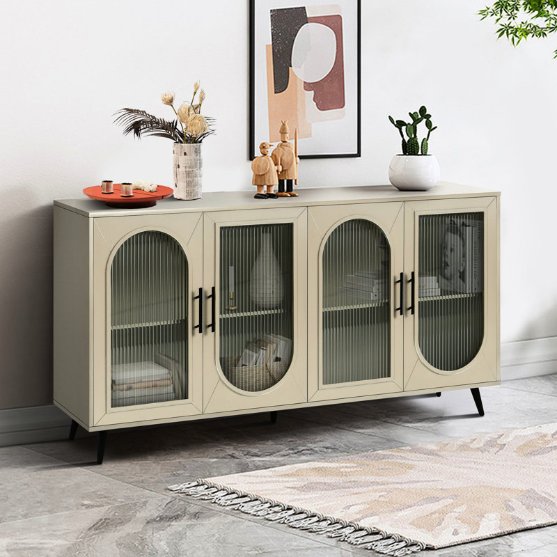 Living Room Tv Sideboard - 65+ Inch Wood Cabinet With Storage Vintage Style & Gold- Handles Gold Stand For Tvs Adjustable Shelves Look Home Decor