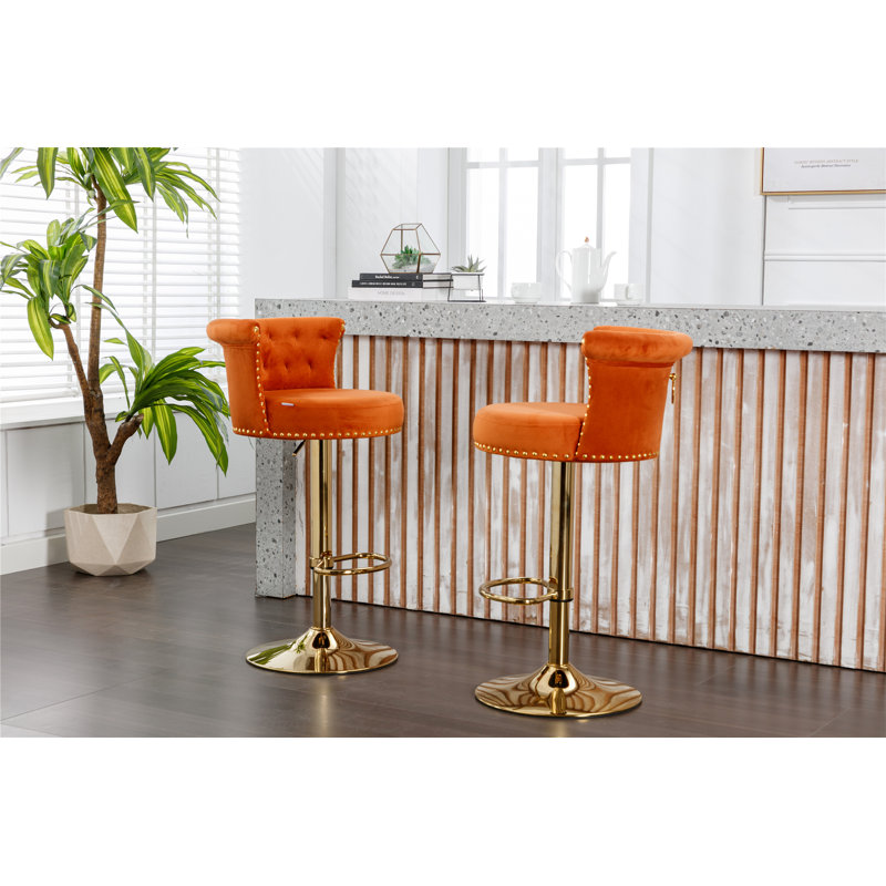Two Pieces Swivel Bar Stools, Tufted Bar Stools, Adjustable Counter Height Chairs, Orange