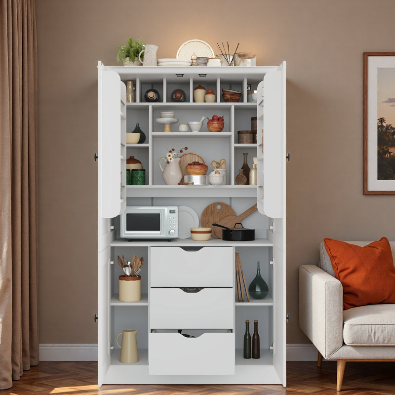 Armoire de cuisine autoportante avec 4 portes, 3 tiroirs, 6 tablettes de porte, tablettes amovibles et 6 porte-bouteilles