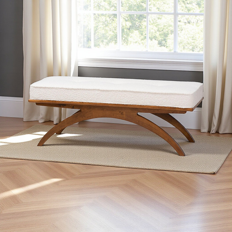 Bryce Bench with Cream Boucle Fabric and Walnut Finish, 18.09" H X 46.95" W X 17.4" D, Cream