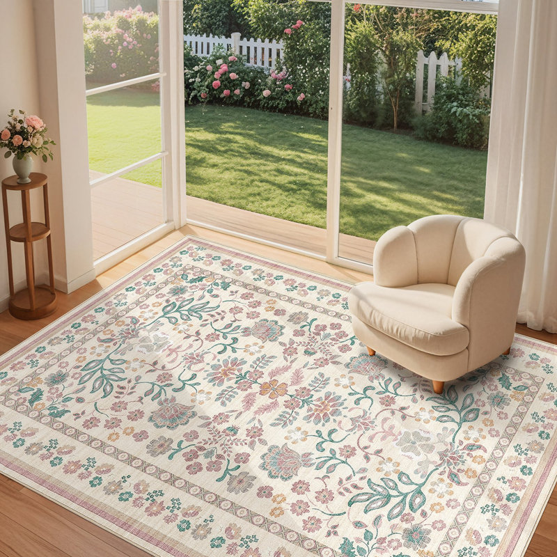 Floral Bohemian Area Rug, Vintage Washable Printed Boho Carpet for Living Room Bedroom, Non-Slip Farmhouse Entryway Mat, Pink