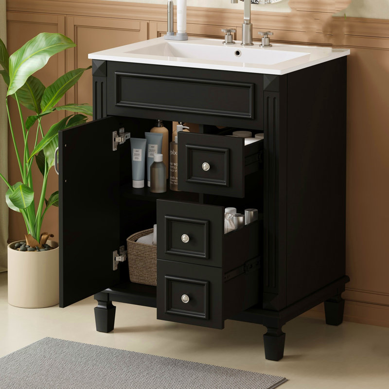 Meuble-lavabo compact de 24 po avec lavabo en céramique, 2 tiroirs et tablettes réglables, noir, Noir, Argent argent