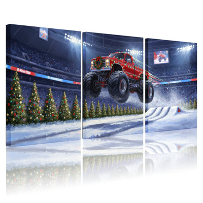 Christmas Monster Truck Christmas Arena Jump Set of 3 Canvas Wall Art Prints