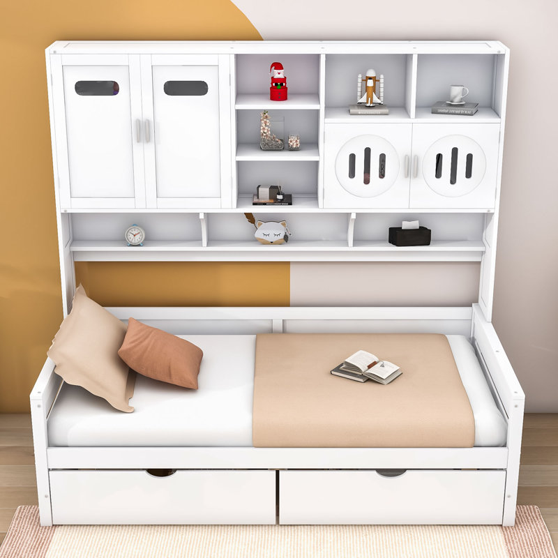Lit de jour en bois avec armoire et tablette Wellsville, Lit simple, Blanc