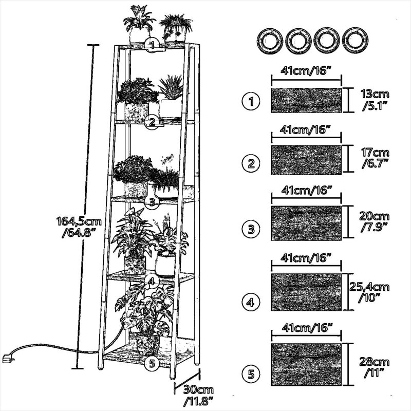 Support pour plante avec lumière de croissance, étagère à 5 niveaux pour plantes d'intérieur, DEL à spectre complet à minuterie contrôlée, bords surélevés pour plus de stabilité, brun rustique et noir