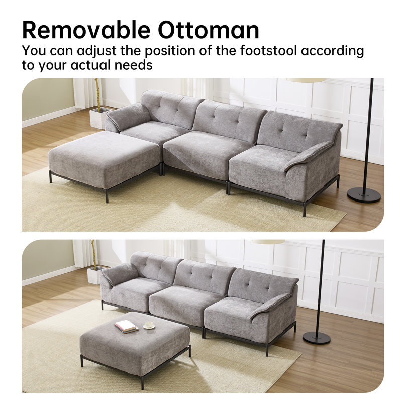 L-Shaped Three-Person Sectional Sofa With Ottoman, Gray, L-Shaped