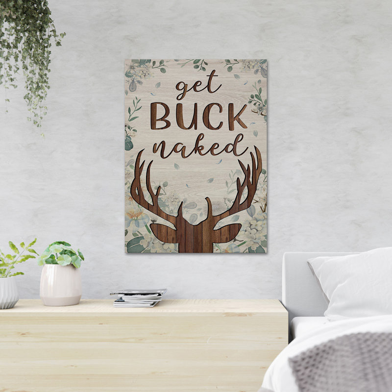«Wood Deer» sur fond de fleurs - «Get Buck NUE - 1 pièce», reproduction d'art graphique sur toile tendue