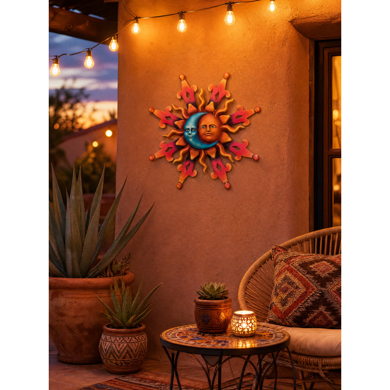 Décoration murale d'extérieur en métal 13 pouces avec finition multicolore résistante aux intempéries pour l'intérieur et l'extérieur - Soleil et lune