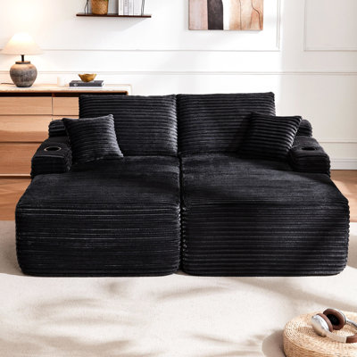 Canapé modulaire 69 po 2 places avec tissu noir, méridienne double et rembourrage à ressorts pour salon moderne, utilisation instantanée, aucun assemblage requis