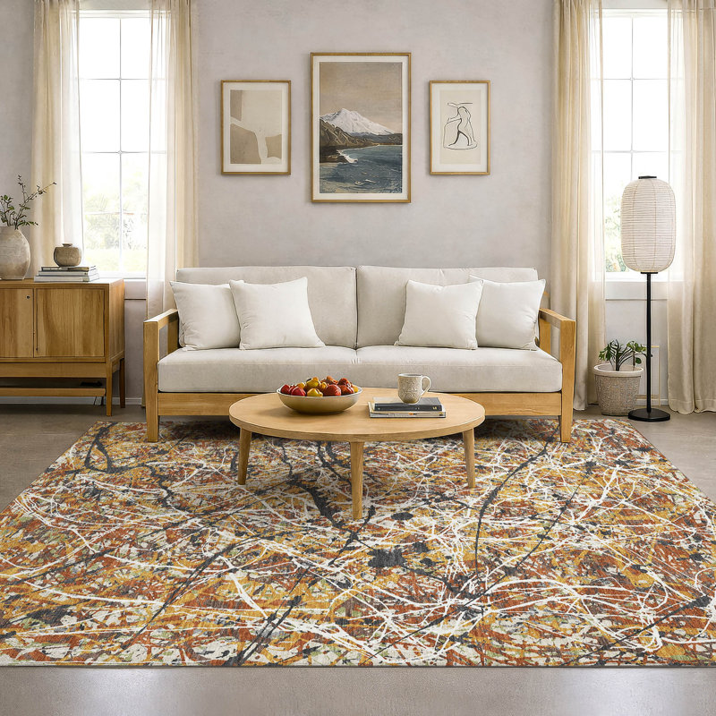 Tapis abstrait lavable à la machine de qualité supérieure Mayfield AMF2389, Doré, 5 pi x 7 pi 6 po