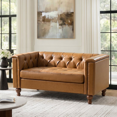  Anselmo 58.75"W Traditional Chesterfield PU Sofa With Tufted Back , Solid Wood Leg