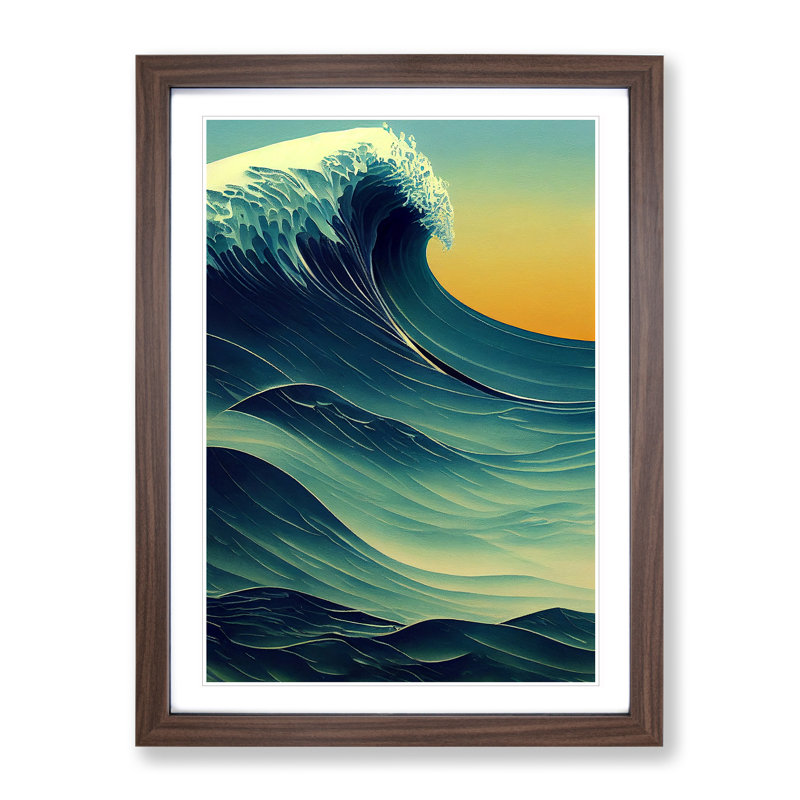 Sunset Ocean Wave No.2 - Wall Art, 36cm H x 27cm W, Walnut Framed Paper, White