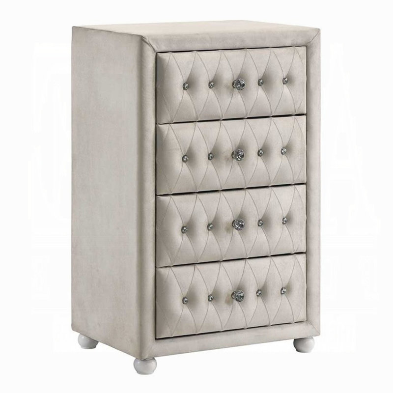 Commode haute Rex, 4 tiroirs, revêtement capitonné beige