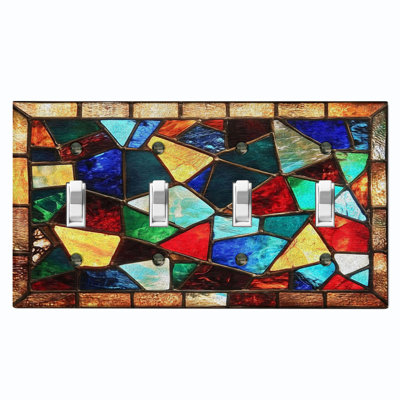 Metal Light Switch Plate Cover; US Standard Size 4 Gang Toggle - Printed Image of Stained Glass Mosaic