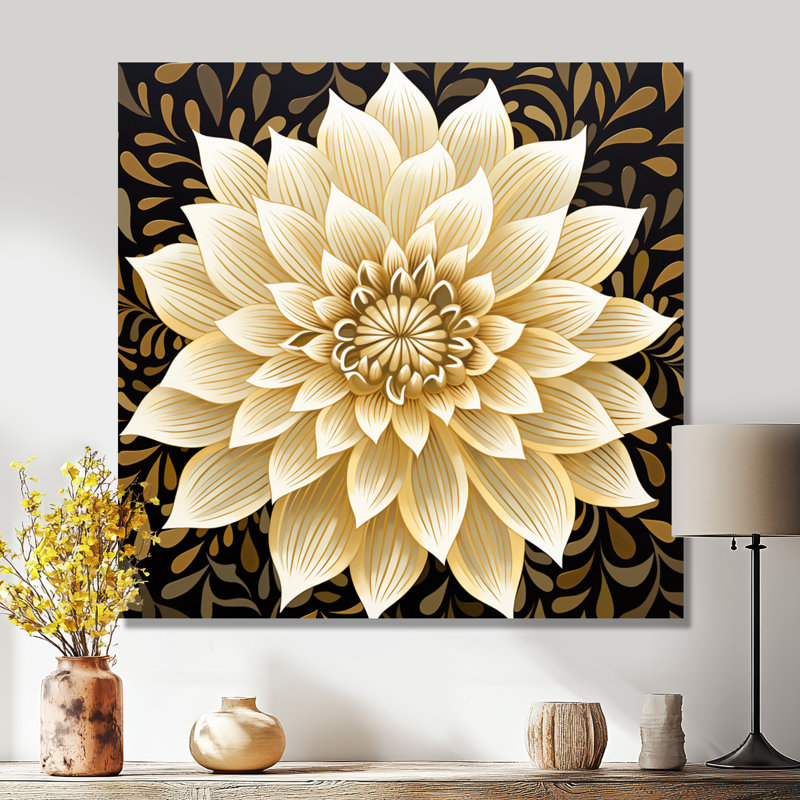 Dahlia blanc feuilles dorées rétro - impression d'art mural Dahlia, Toile tendue, H 30 po x l 30 po x P 1 po