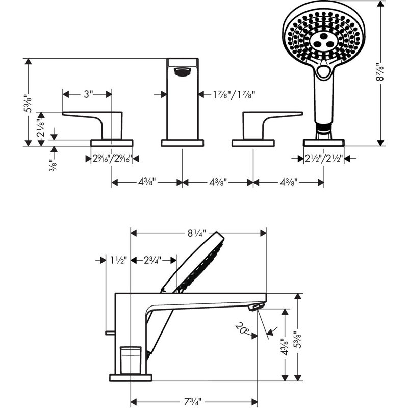 Metropol Double Handle Deck Mounted Roman Tub Faucet Trim with Diverter and Handshower, Chrome