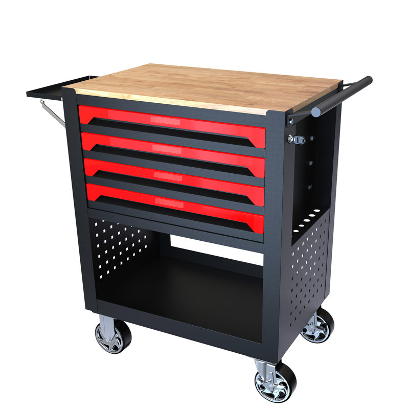 Chariot à outils robuste à 4 tiroirs avec roulettes et plateau en bois - Tablette réglable, vaste option d'organisation d'atelier