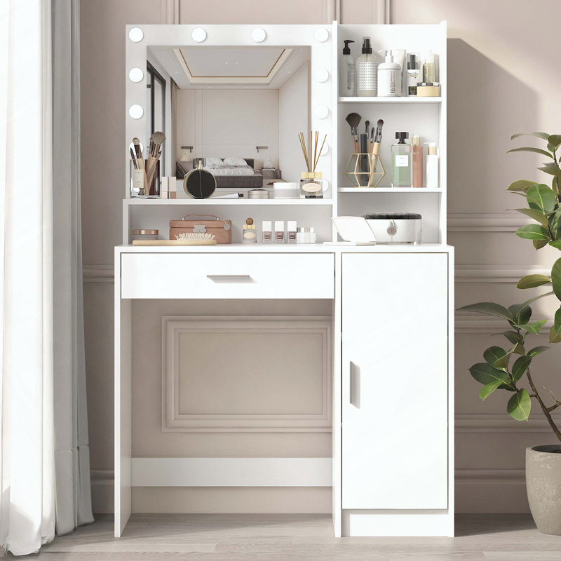 Vanity Desk with Mirror and Lights, Large Drawer and 3-Level Storage