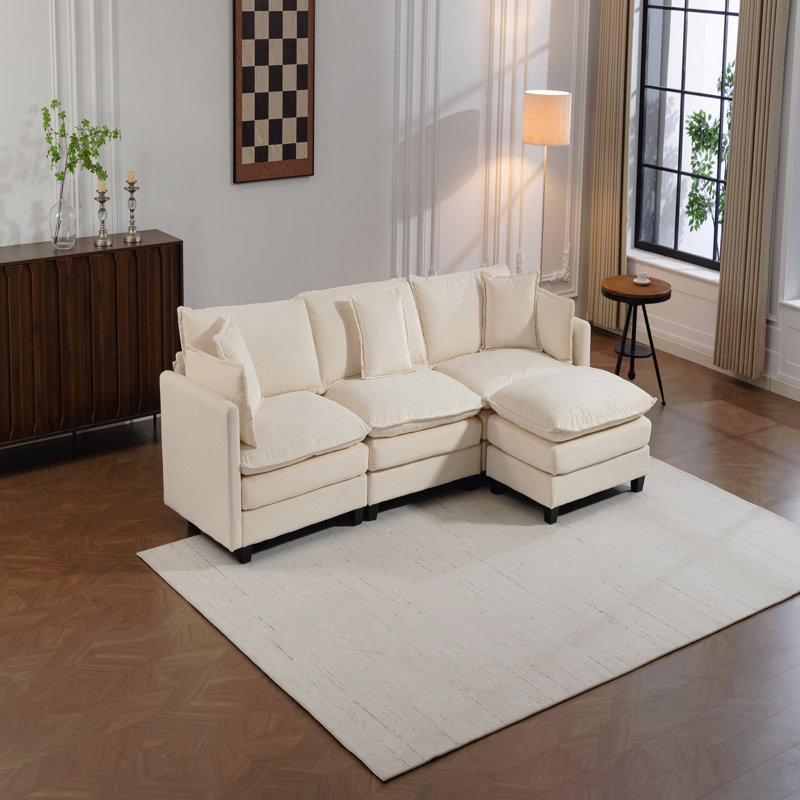 Canapé modulaire moderne à 3 sièges avec repose-pieds de 114,17 po avec coussins de taille, canapé symétrique rembourré à 3 places, canapé-lit avec méridienne pour salon, appartement, 2 couleurs