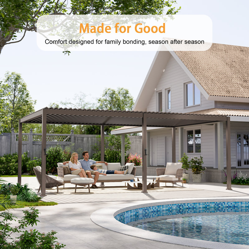 Outdoor Metal Frame Pergola with Adjustable Louvered Roof and Concealed Water Drainage System, 12 × 20ft
