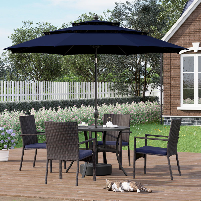 Ensemble de salle à manger de patio 6 pièces 4 fauteuils en rotin et table ronde en métal avec parasol, Marine