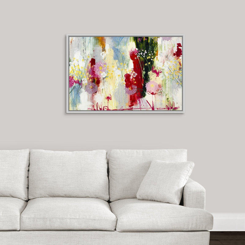 « modern printemps », peinture sur toile, Cadre flottant blanc, H 25,7 po x l 37,7 po x p 1,75 po