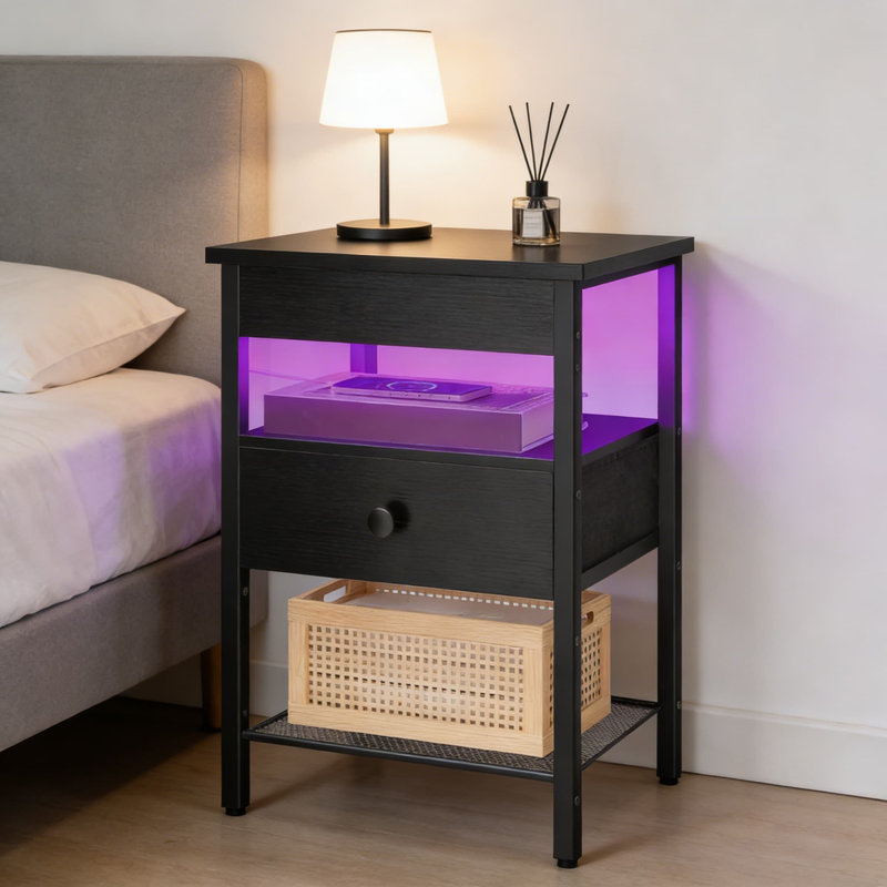 Table de chevet avec station de charge, tiroir en tissu réglable et lumières DEL - prise de courant CA intégrée, ports USB-A et Type-C, tablette de rangement personnalisable pour la chambre à coucher, le salon ou le bureau