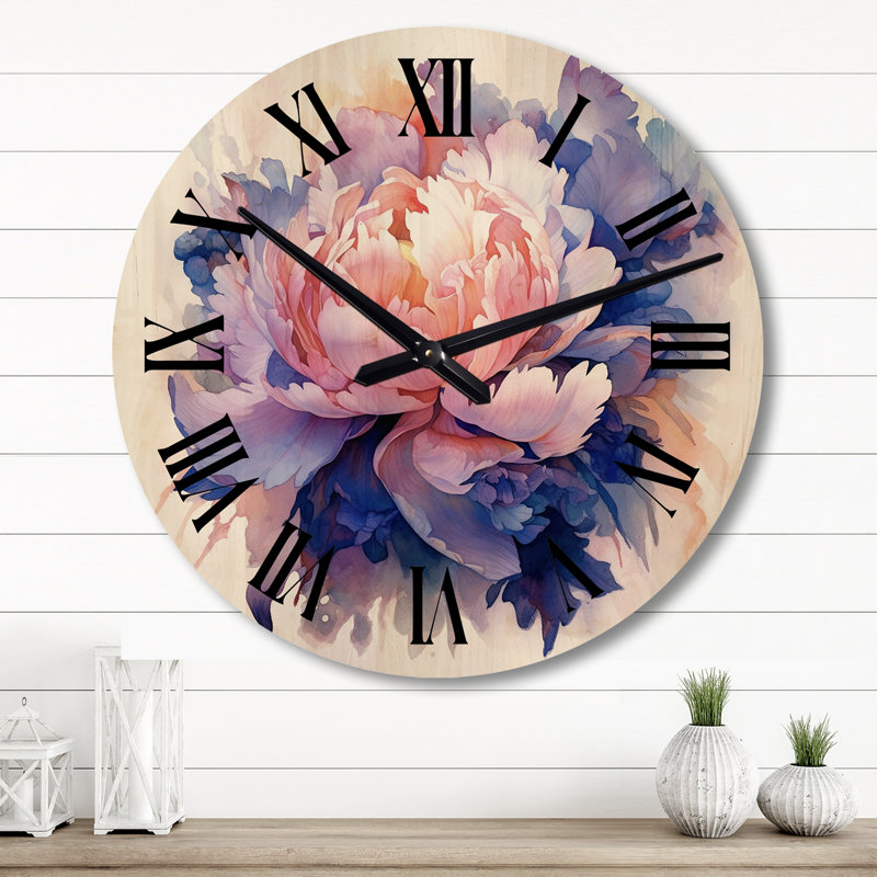 Coral Blue Peony Visons - Peonies Oversized Wood Wall Clock, Grand