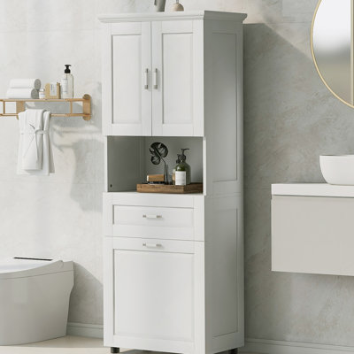 Grande armoire de salle de bain avec panier à linge, grand espace de rangement