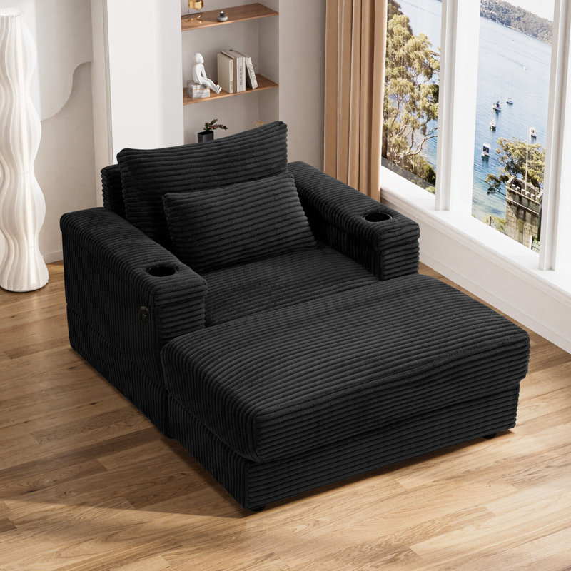  40'' Corduroy Tufted Chaise Lounge Arm Chair with Ottoman, Black Corduroy