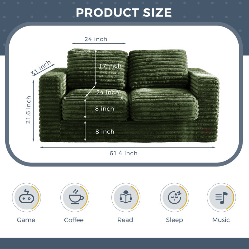 62" Compression Bean Bag Sofa Faux Fur Upholstered Loveseat Floor Sofa With Pillows, Green