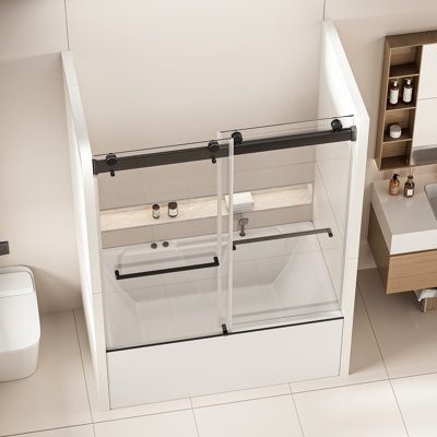 Double porte de baignoire coulissante 56 - 60 po X P 62 H, douche de dérivation à fermeture douce, noir mat, verre trempé, ajustement horizontal de 4 pouces, nettoyage sans effort et longue durée