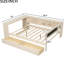 Lit double en bois avec tête de lit tapissier de couleur crème, tablettes de rangement et plateforme de chargement