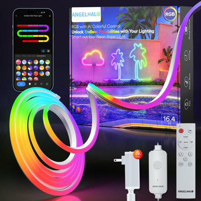 Lumières extérieures en néon de 16,4 pi, imperméable à l'eau RVB à changement de couleur IP65, fonctionne avec Alexa et l'assistant Google, Synchro musicale, modes scène bricolage, bande de néon en silicone pour une fête de jardin