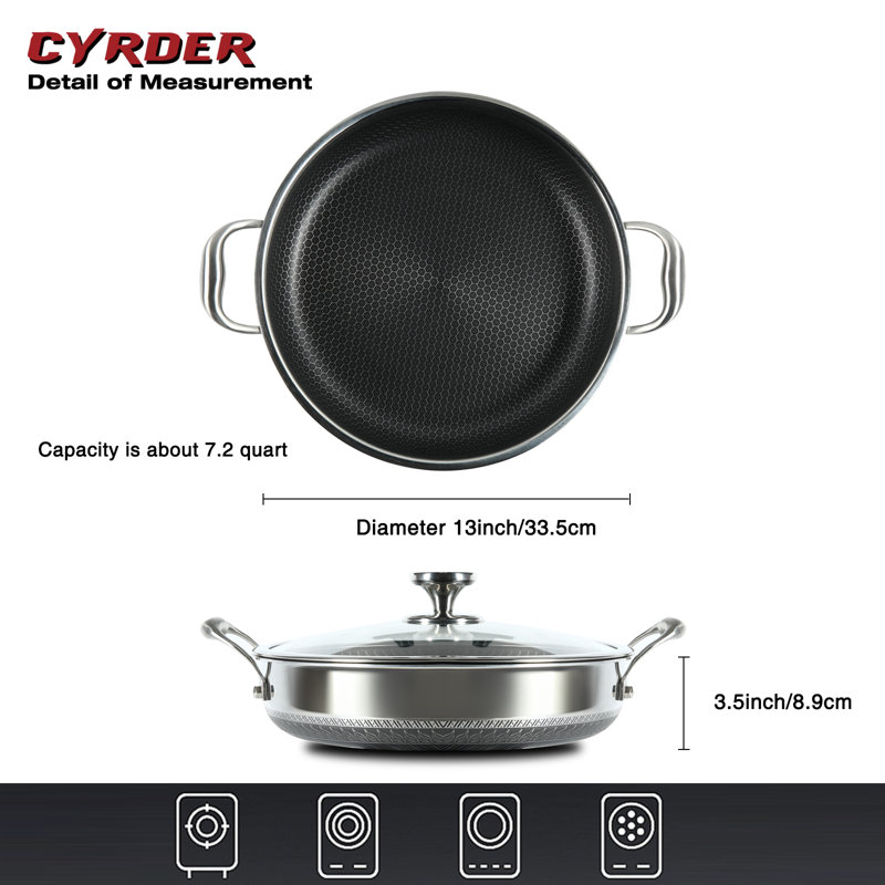 Large Hybrid Nonstick Deep Frying Pan-13inch 304L Stainless Steel Sauté Pan and Lid, 13.5 in
