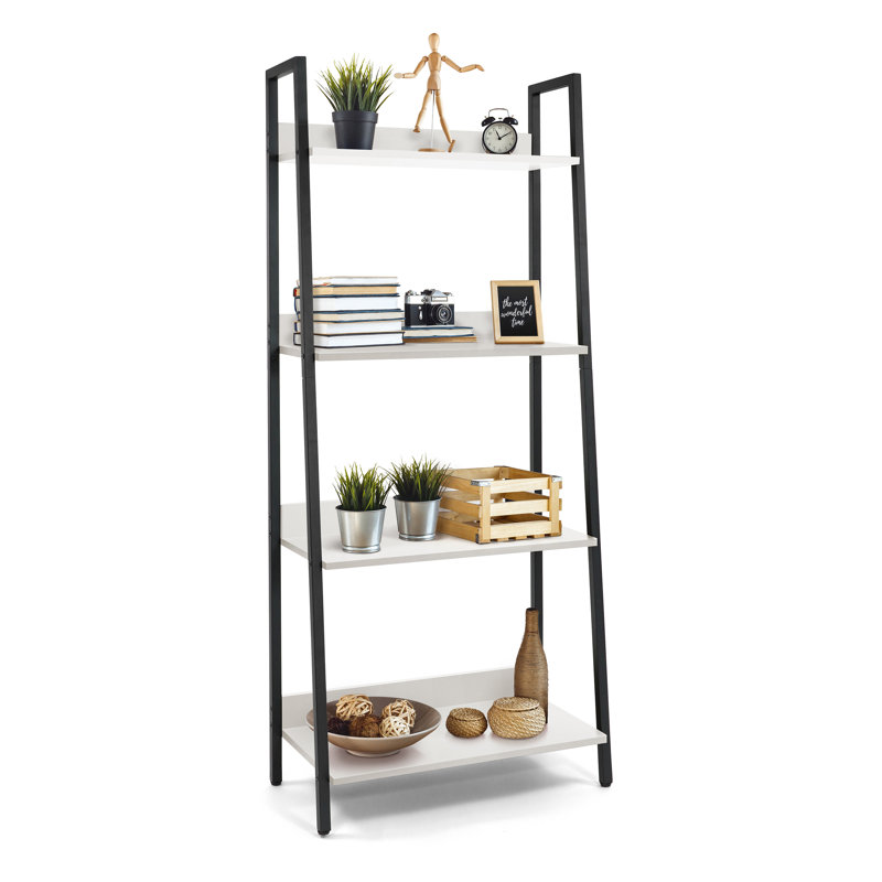 Étagère 4 niveaux, étagère de rangement pour bibliothèque, chêne rustique, Blanc / noir mat