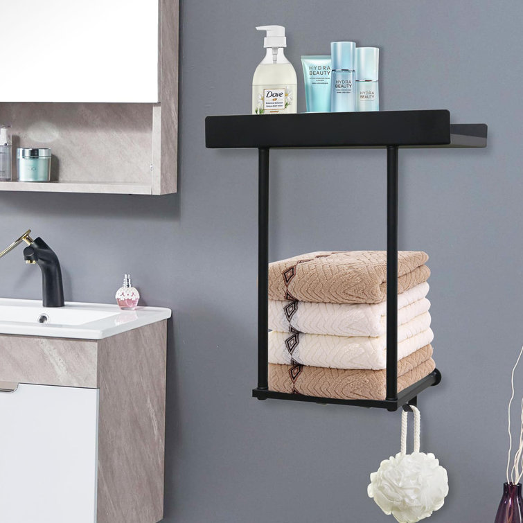 Bathroom towel rack with shelf and 3 hooks