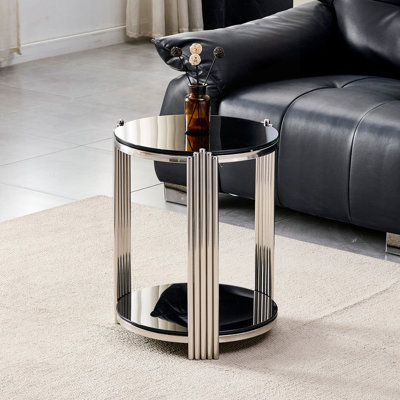 Table de bout ronde avec cadre en verre noir et acier inoxydable doré