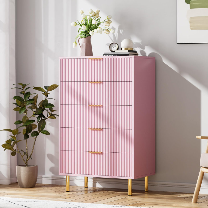 Pink Dresser, Modern 5 Drawer Dresser for Bedroom with Gold Handle and Large Drawer, Pink