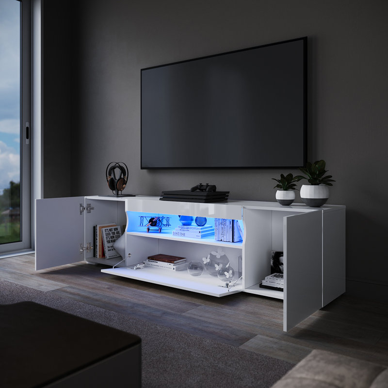 Caelainn High Gloss TV Stand & TV Cabinet, 1 Flip Door, 2 Side Doors, RGB Remote, 15W, Fits 60" TV, White