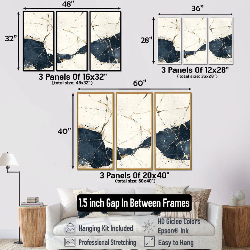 Blanc et bleu luxueux de marbre abstrait I - ensemble d'art mural abstrait en marbre, 28 po H x 36 po L, Argent argent