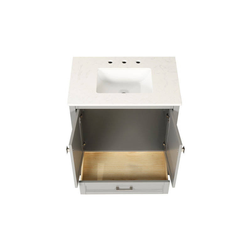 Meuble-lavabo gris de 30 po avec lavabo. Armoire en bois massif entièrement assemblée. Comptoir en marbre. Tiroirs à fermeture en douceur. Profondeur 29,36 po, largeur 18,76 po, hauteur 34,72 po. Poids 93,36 lb. Rangement moderne. Bricolage