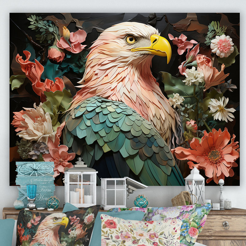 «Pink Vibrant Floral Eagle Portrait», art mural aigle, Toile tendue, H 16 po x l 32 po x P 1 po
